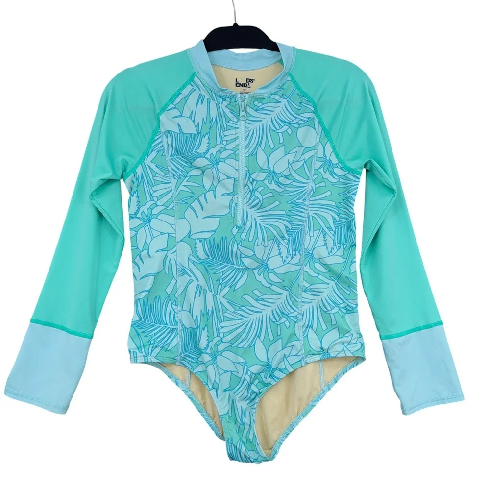 Lands' End Rash Guard Swimsuit Kids 14+ Polyester Spandex Teal Tropical Leaf